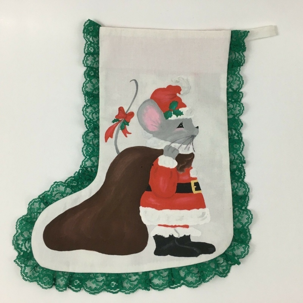 Vintage Patchwork Christmas Stocking Santa Mouse